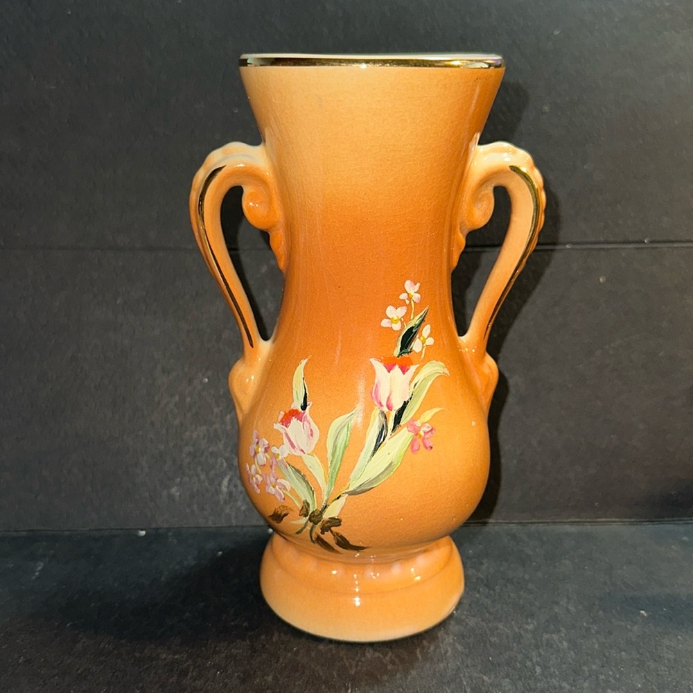 Vtg Royal Copley Tannish Ceramic Vase With Gold Trim & Double Handles 6.5” Tall